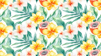 Obraz premium Watercolor seamless pattern featuring tropical palms monstera frangipani and passion fruit perfect for swimwear and botanical themed designs