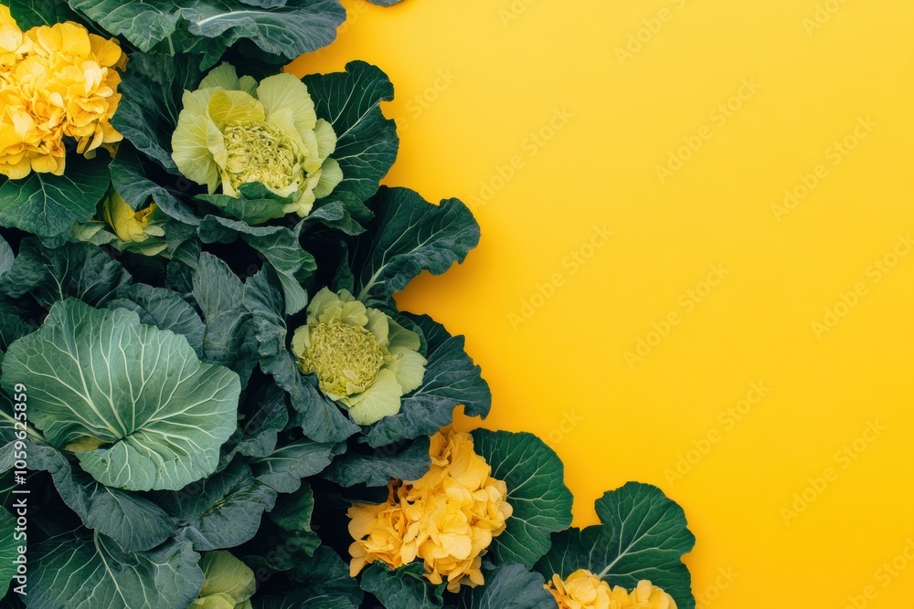 Poster Flowering cabbage and squash plants create a colorful display against a vivid yellow backdrop, showcasing their lush textures and hues. Generative AI