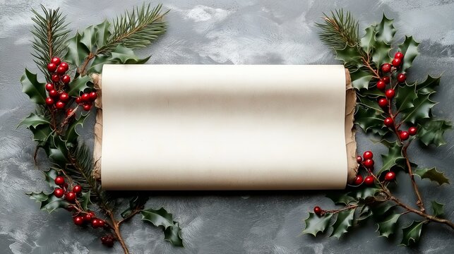 A partially rolled parchment paper surrounded by holly leaves and red berries on a textured gray background