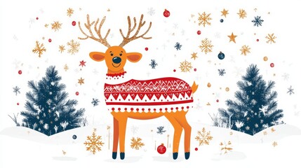 Fototapeta premium A cartoon reindeer wearing a festive red Christmas sweater surrounded by snowflakes, ornaments, and evergreen trees in a winter landscape