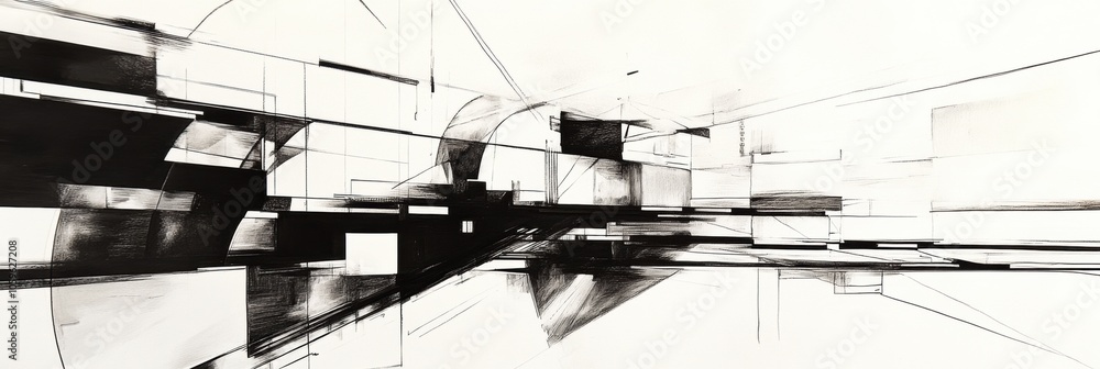 Poster an intricate abstract representation of urban life unfolds through bold black ink strokes, evoking a