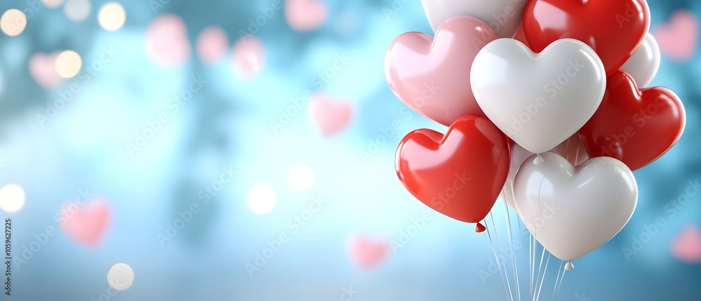 Poster romantic featuring a soft gradient background with layers of heart shaped balloons in red pink and w
