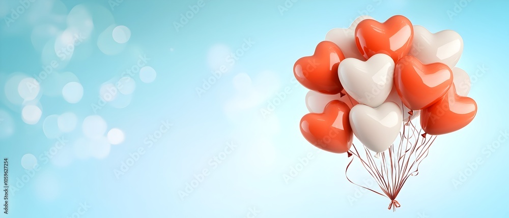 Poster floating heart shaped balloons in red and white colors layered over a soft gradient background desig