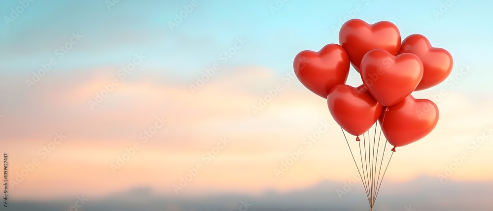 Aufkleber romantic background featuring red heart shaped balloons floating in a soft gradient sky creating a t