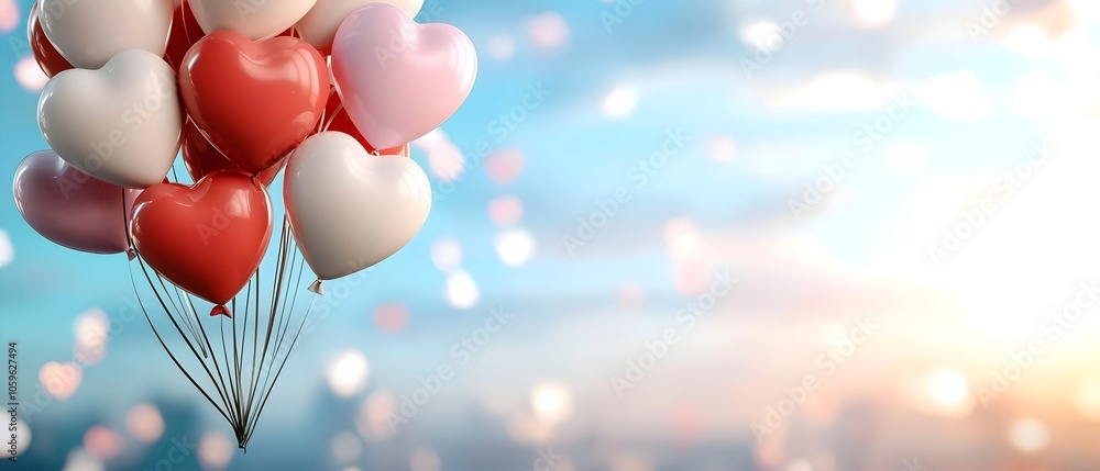 Poster floating heart shaped balloons in a mix of soft pink and vibrant red hues set against a subtle gradi