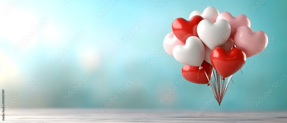 Poster floating heart shaped balloons in a mix of red and pink hues set against a subtle gradient backgroun