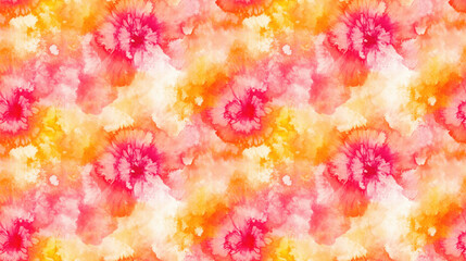 Fototapeta premium Colorful seamless pattern featuring sunny tie dye autumn watercolor prints and white batik brush designs perfect for fabric or wallpaper applications