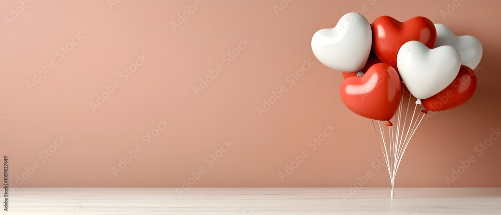 Poster cascading heart shaped balloons in red and white colors with a layered shadow effect create a romant