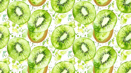 Fototapeta premium Watercolor seamless pattern featuring vibrant kiwi fruit perfect for fruity backgrounds and designs