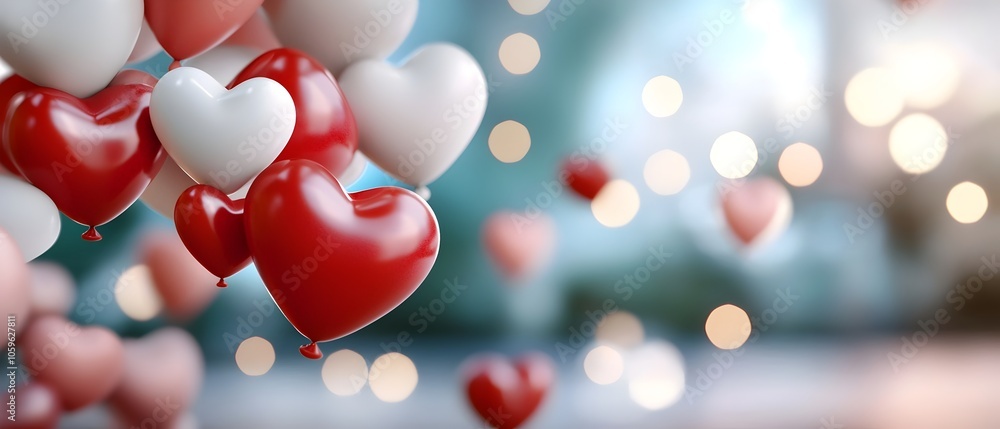 Poster cascading heart shaped balloons on pastel gradient backdrop with soft shadows ideal for valentine s 