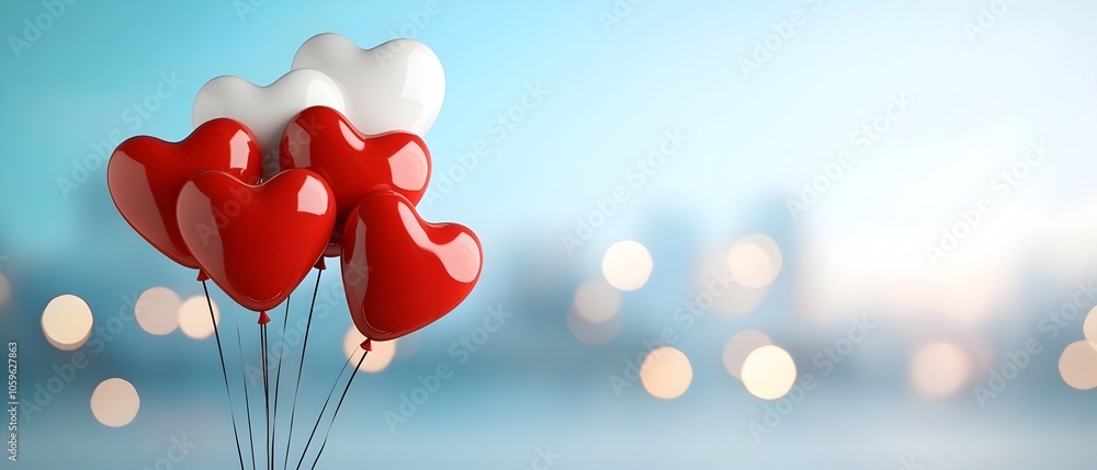 Poster romantic background featuring a captivating arrangement of floating heart shaped balloons against a 