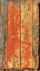 Weathered wooden planks with peeling orange paint.