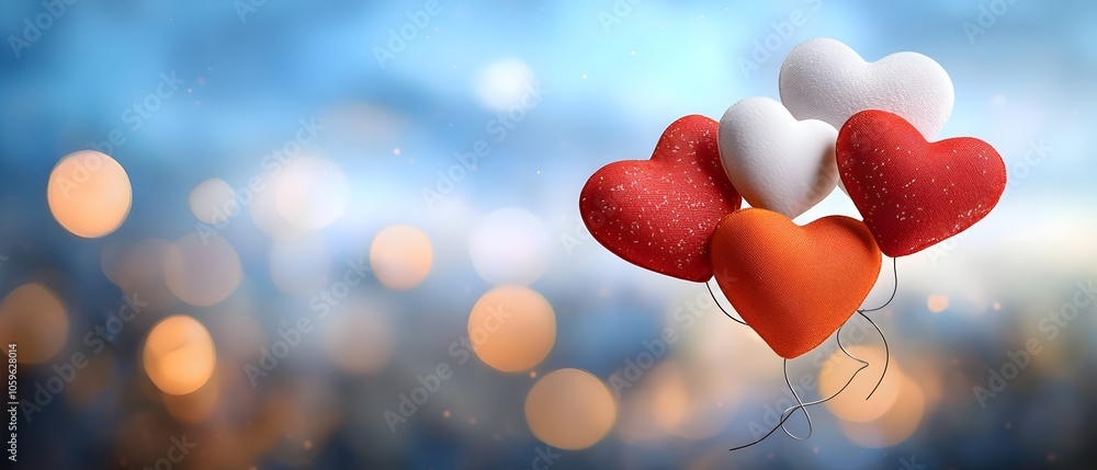 Poster floating red heart shaped symbols arranged in a gradient from light to dark on a blurred background 