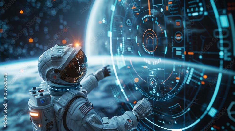 Poster astronaut wearing a spacesuit is operating a futuristic touchscreen interface while orbiting a plane