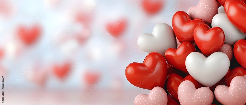 Aufkleber diagonal layout of floating red and pink heart shaped balloons rising against a soft blurred backgro