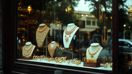 A luxurious jewelry store window display with ornate gold necklaces, rings, and bracelets, reflecting the brilliance and allure of fine craftsmanship.

