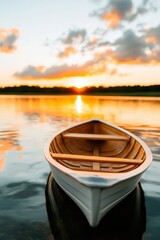 Fototapeta premium At day’s end, a lone canoe sits on a quiet lake, perfectly reflecting the serene orange and pink hues of the sunset sky, creating a sense of tranquility.