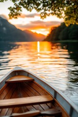 Fototapeta premium A wooden canoe is on a reflective lake under the stunning sunset, with vivid orange colors filling the sky and water, creating a breathtaking view.