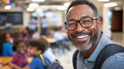 In a lively classroom environment, a confident man smiles brightly, wearing glasses and a backpack, surrounded by happy students in the background.