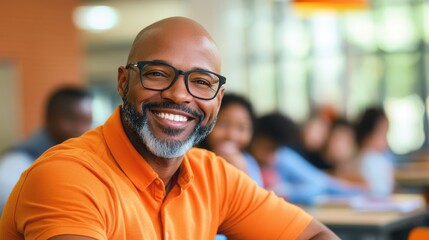 Obraz premium A bald man with a radiant smile, wearing glasses and an orange shirt, sits surrounded by students, reflecting a joyful learning atmosphere.