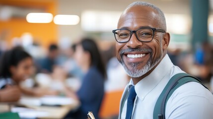 Obraz premium A confident man with glasses, sporting a backpack and a radiant smile, is seated in a bustling indoor setting filled with engaging individuals.