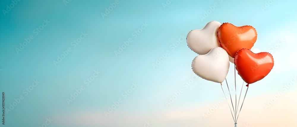 Poster romantic floating heart balloons in various sizes layered over a pastel gradient backdrop creating a