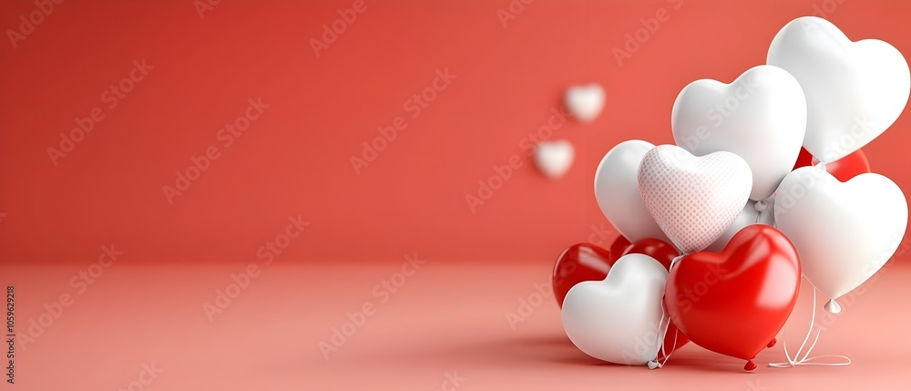 Poster alluring red heart shaped balloons floating in a random pattern against a soft shadowy red backgroun