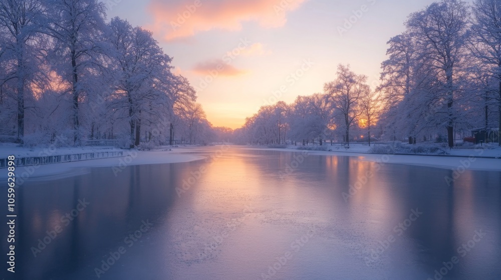 Aufkleber winter light casts a warm glow over a frozen river, reflecting the soft colors of sunset. snow-cover