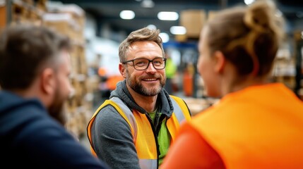 A cheerful male worker is smiling and wearing a bright orange safety vest, engaging with colleagues in a busy warehouse environment during a team meeting.