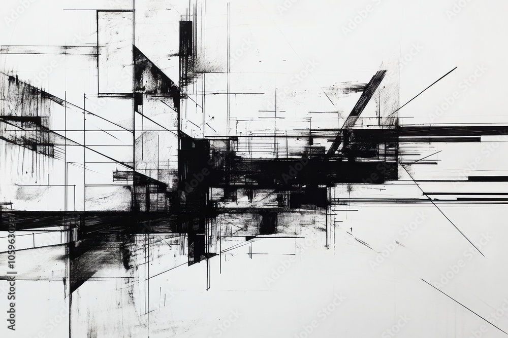 Poster The artwork showcases an abstract urban landscape featuring detailed geometric forms and dynamic lines using only black ink. Generative AI
