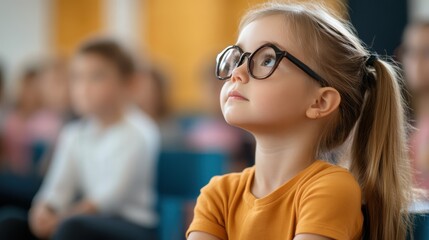Obraz premium A young girl wearing glasses gazes upward with curiosity while seated in a classroom, embracing the learning environment surrounded by peers and educational materials.