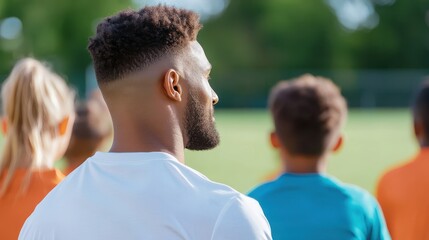 A coach in a white shirt watches over a group of young players on the field, engaged in a training session under the bright sun, focused and attentive to details.