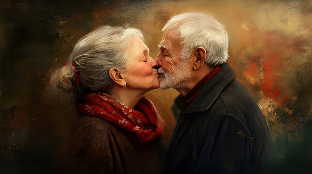 una pareja de ancianos dandose un beso con amor romantico y felicidad union de amor entre un hombre y una mujer felices casados en matrimonio