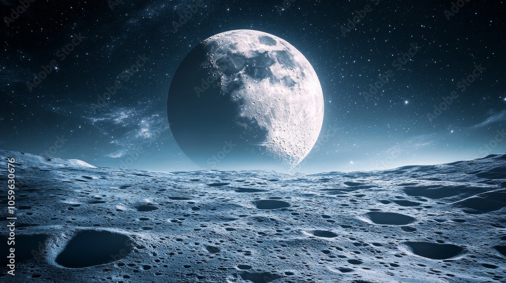Canvas Prints a minimalistic view of the moon from a lunar surface, showcasing craters and a starry sky in the bac