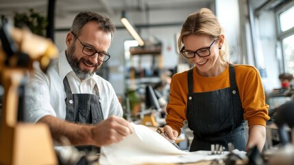 In a brightly lit studio, two designers (a man and a woman) work together over a pattern, smiling and focused on their fabric-related project.