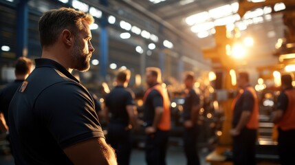 Fototapeta premium A group of industrial workers gather in a large factory setting during sunset, highlighting teamwork and dedication in a bustling work environment.