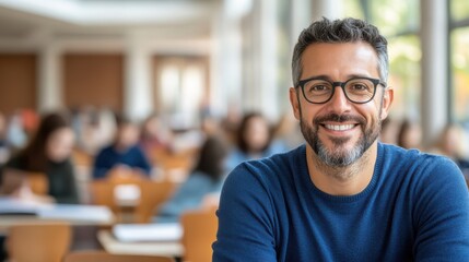 Obraz premium A friendly man with glasses and a beard is smiling in front of a classroom filled with students, capturing a vibrant and positive educational environment.