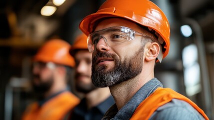Construction workers, wearing hard hats and safety goggles, stand in an industrial site, embodying safety, precision, and teamwork in a construction environment.