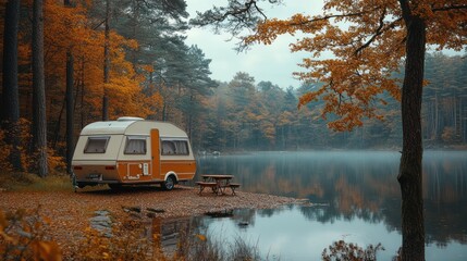 A vintage camper van is parked by a misty lake in a forest, with colorful autumn foliage surrounding it. A picnic table sits nearby.