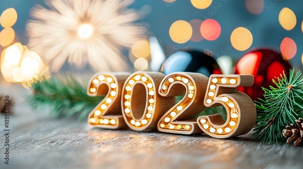 Aufkleber neon light happy new year 2025 glowing boldly with an array of colorful fireworks lighting up the ni
