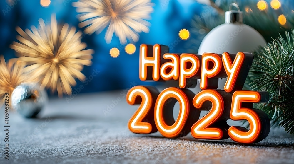 Poster colorful and bold neon display of the happy new year 2025 message surrounded by a dazzling display o