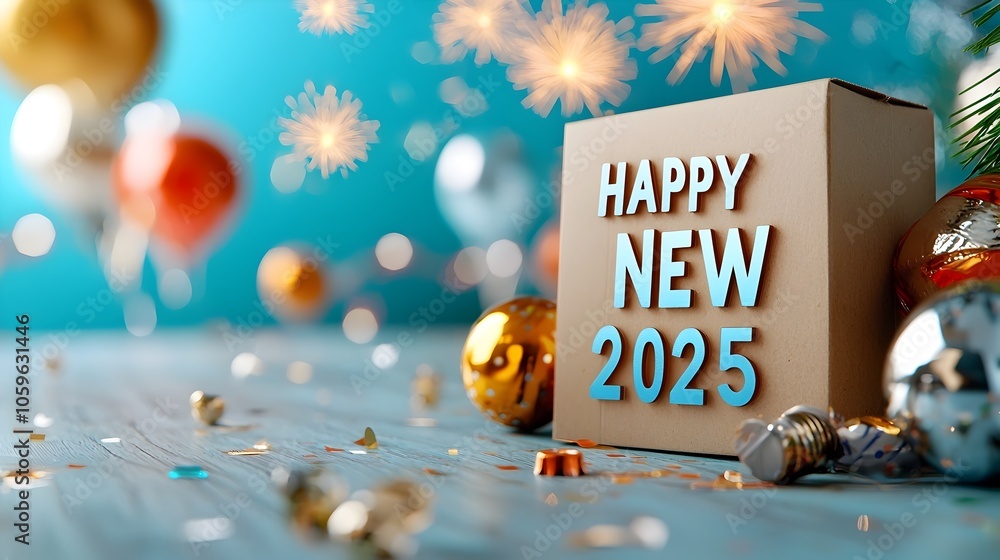 Poster glittering vibrant happy new year 2025 text surrounded by a brilliant array of fireworks bursting ac