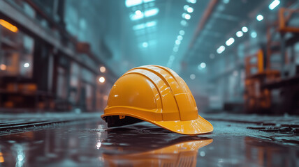 A solitary yellow safety helmet lies on the ground inside a vast industrial factory with steel structures and atmospheric lighting.
