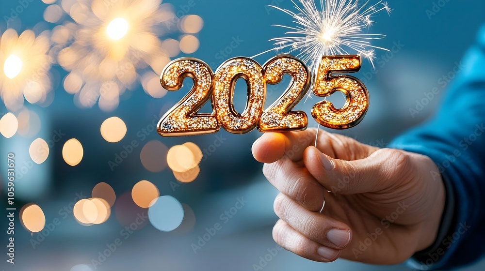 Poster glittering and radiant of happy new year 2025 highlighted by a dazzling display of bright colorful f