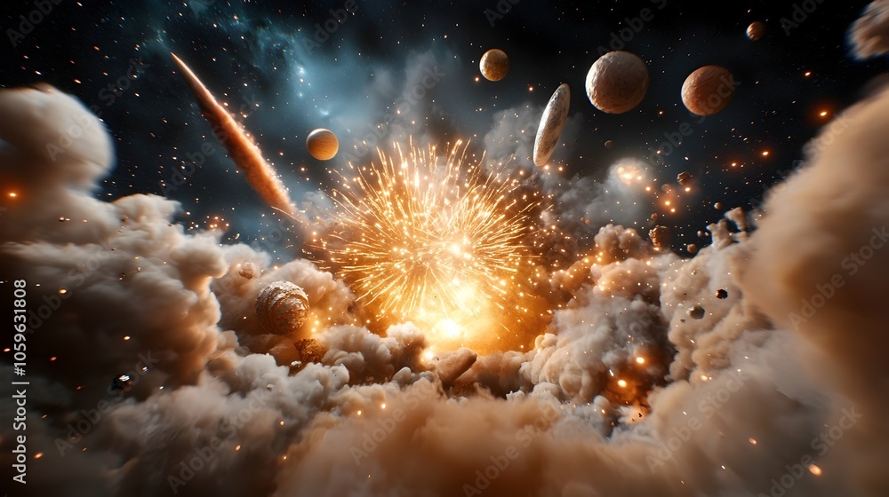 Aufkleber shimmering gold and silver 2025 text illuminated by a colorful explosion of fireworks creating a cel