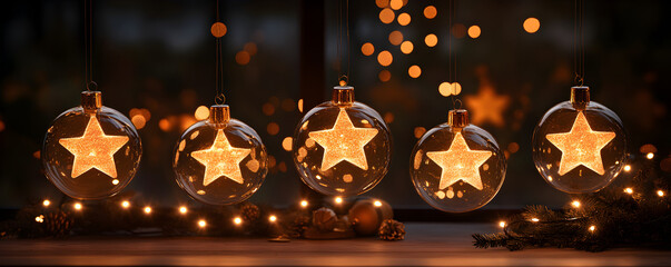 Elegant hanging glass ornaments with glowing star shapes and warm lights, set against a dark background. Perfect for adding a festive and magical touch to holiday decor