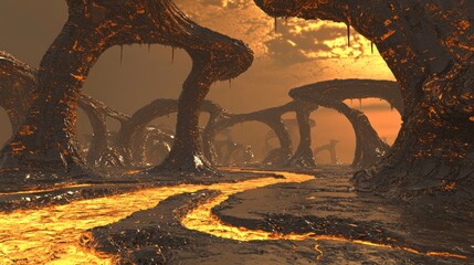 Fototapeta premium Surreal Nightmare - Futuristic 3D Render of Twisted Metal Landscape with Glowing Rivers and Ominous Shadows in Ultra-Detailed Illustration
