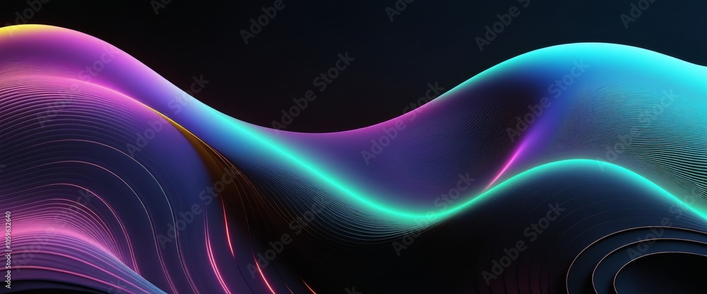 Poster abstract colorful wave patterns with neon light effects on dark background