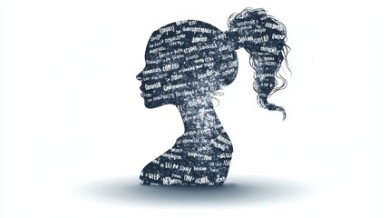 A stylized silhouette of a woman filled with text representing various themes and concepts related to femininity