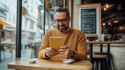 Middle-aged man with glasses reading a tablet inside a cafe, wearing a mustard sweater, with a cheerful expression and a blurred urban street view through the window.